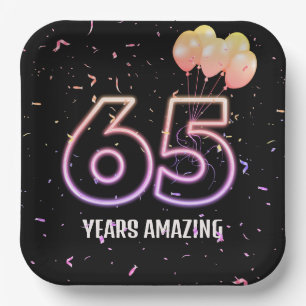 65th Birthday Party Balloons and Confetti Paper Plate