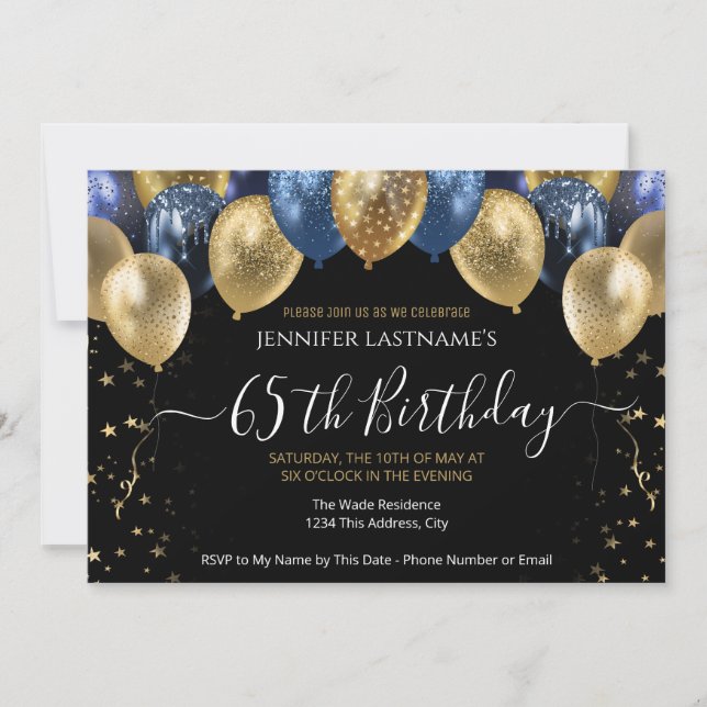 65th Birthday Party Blue and Gold Invitation (Front)