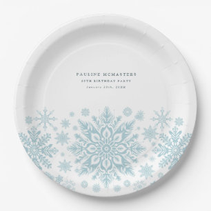 65th Birthday Party Blue White Snowflake Custom Paper Plate
