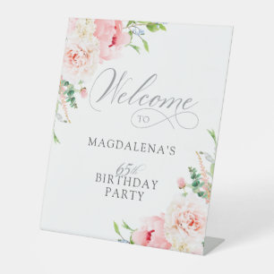 65th Birthday Party Elegant Pink Floral Welcome Pedestal Sign
