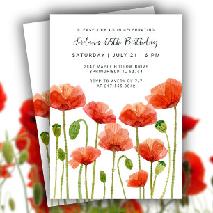 65th Birthday Party Floral Poppies Watercolor Chic Invitation
