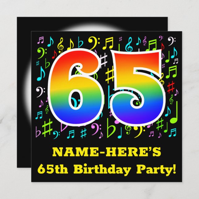 65th Birthday Party: Fun Music Symbols, Rainbow 65 Invitation (Front/Back)