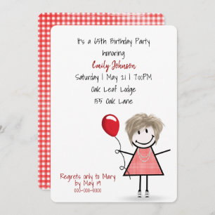 65th Birthday Party Girl with Red Balloon   Invitation