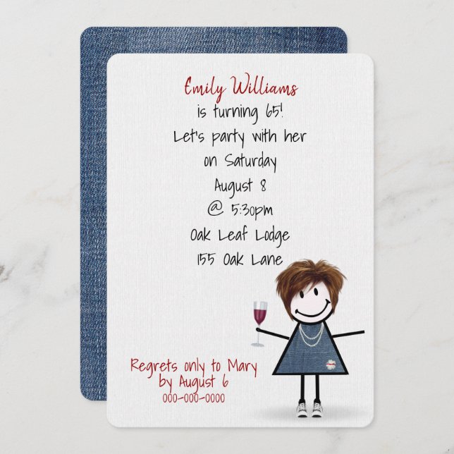 65th Birthday Party Girl with Wine Invitation (Front/Back)