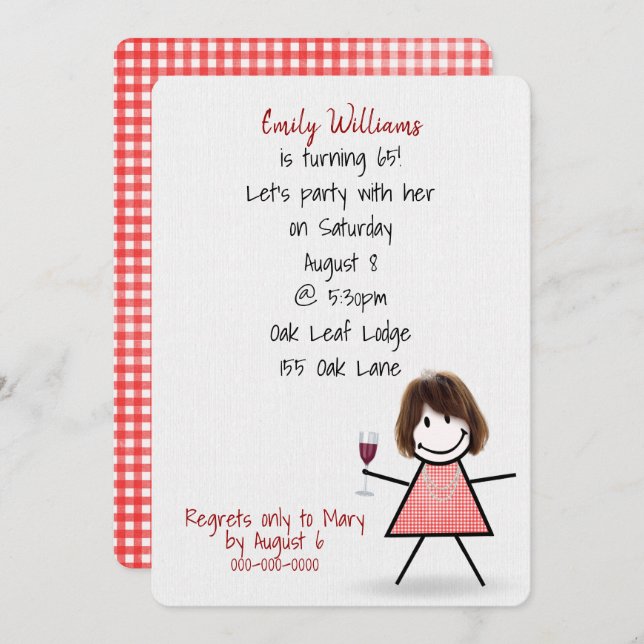 65th Birthday Party Girl with Wine Invitation (Front/Back)