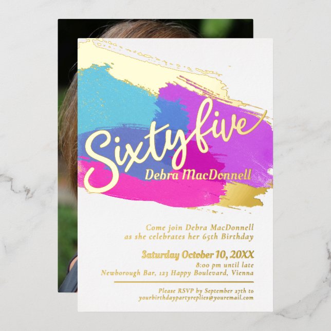 65th Birthday party gold photo bright abstract art (Front/Back)