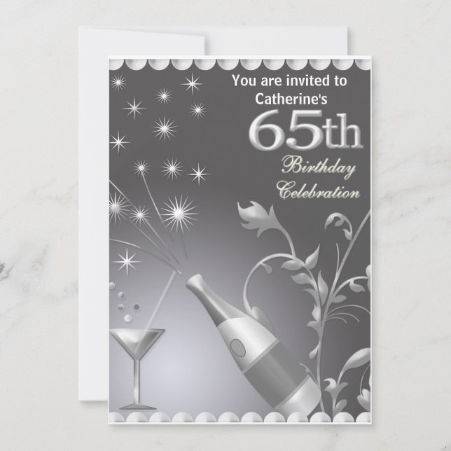 65th Birthday Party Invitation - Silver (Front)