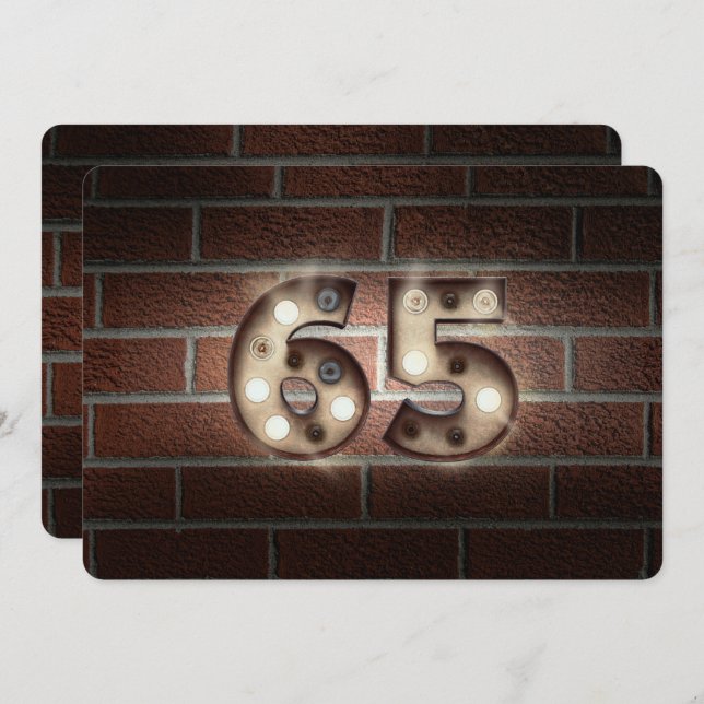 65th Birthday Party-marquee lights on brick Invitation (Front/Back)