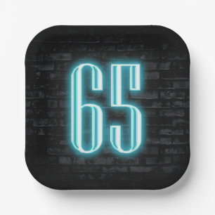 65th Birthday Party Neon Sign on Brick  Paper Plate