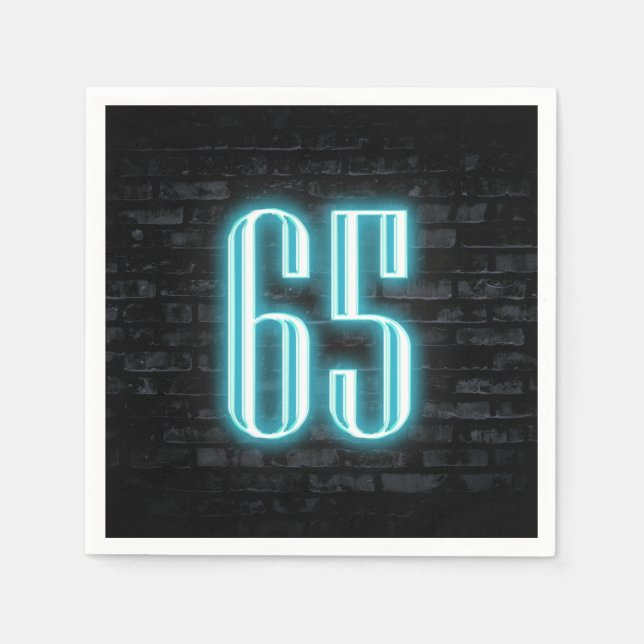 65th Birthday Party Neon Sign on Brick Wall   Napkin (Front)