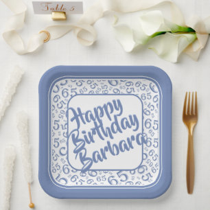 65th Birthday Party Number Pattern Blue White Paper Plate