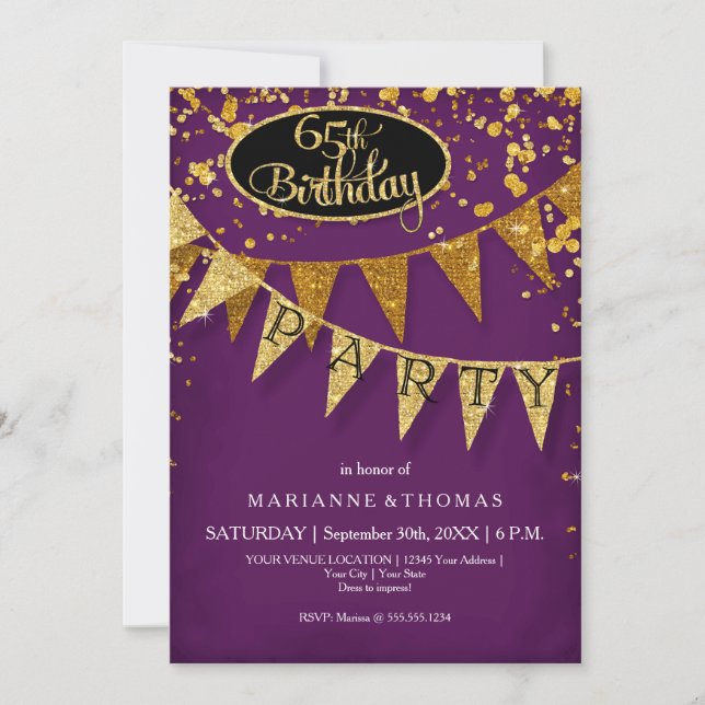 65th Birthday Party Pennant Banner Confetti Invitation (Front)