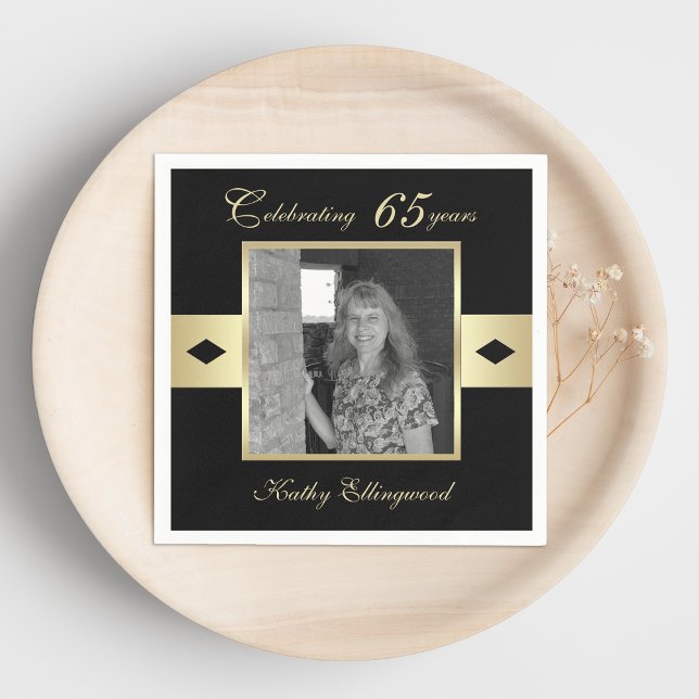 65th Birthday Party Photo on Black Napkin (Creator Uploaded)