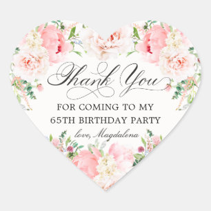 65th Birthday Party Pink Floral Thank You Favour Heart Sticker