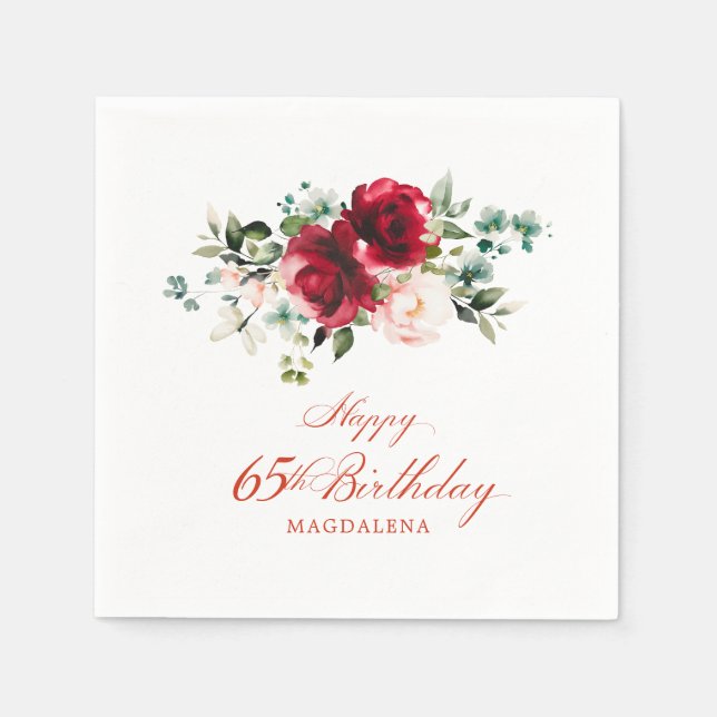 65th Birthday Party Pink Red Floral Custom Napkin (Front)