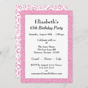 65th Birthday Party, Pink/White Number Pattern Invitation