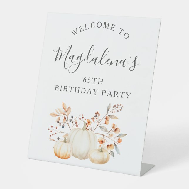 65th Birthday Party Pumpkin Fall Leaves Welcome Pedestal Sign (Front)