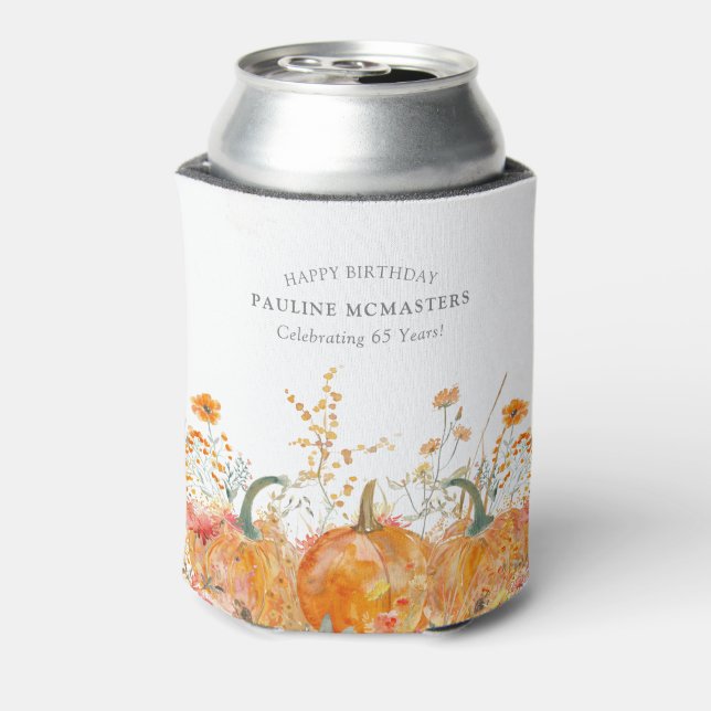 65th Birthday Party Pumpkin Wildflower Custom Can Cooler (Can Back)