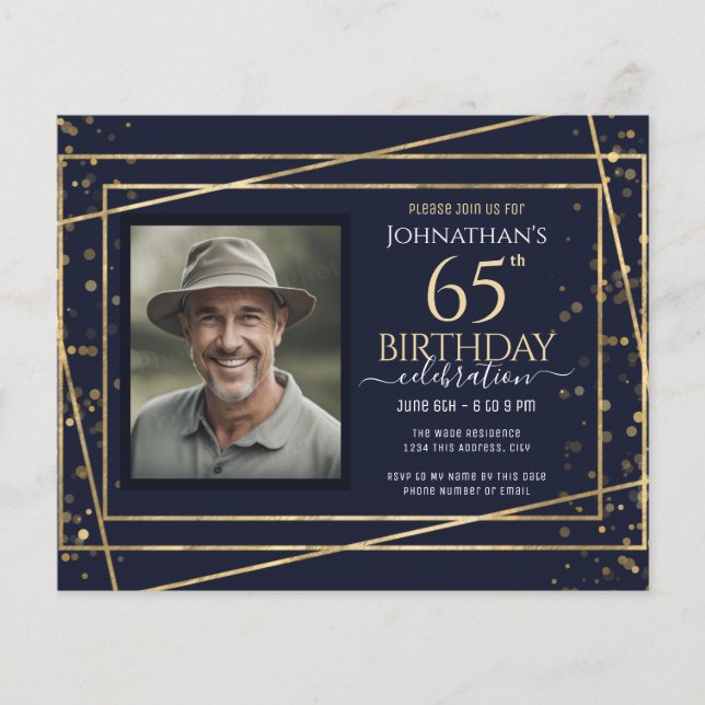 65th Birthday Photo Blue Gold Paper Sheet (Front)