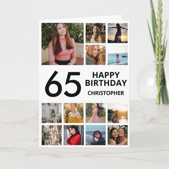 65th Birthday Photo Collage 13 Photos Black White Card (Front)