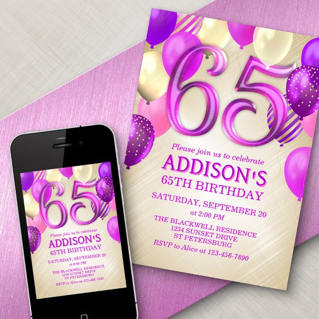 65th Birthday Pink Balloons Invitation (Creator Uploaded)
