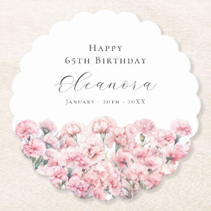 65th Birthday Pink Carnation January Birth Flower Paper Coaster