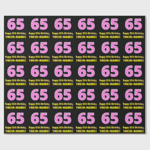 65th Birthday: Pink Stripes and Hearts "65" + Name Wrapping Paper