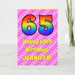 65th Birthday: Pink Stripes & Hearts, Rainbow # 65 Card