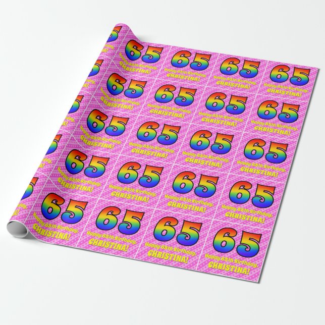 65th Birthday: Pink Stripes & Hearts, Rainbow # 65 Wrapping Paper (Unrolled)