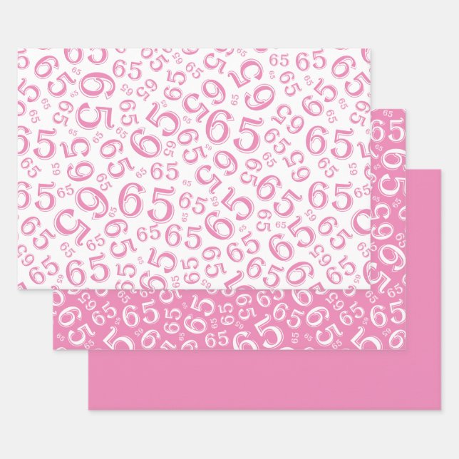 65th Birthday Pink & White Number Pattern 65 Wrapping Paper Sheet (Set)