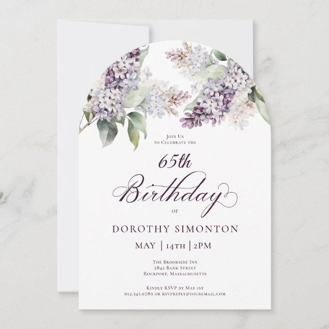 65th Birthday Purple Spring Lilac Flower Arch Invitation (Front)