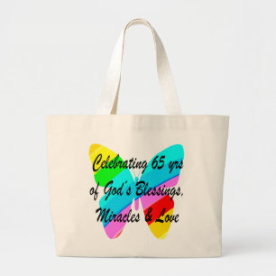 65TH BIRTHDAY RAIN BUTTERFLY DESIGN LARGE TOTE BAG