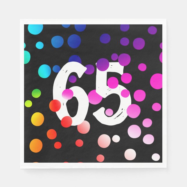 65th Birthday Rainbow Dots on Black Napkin (Front)