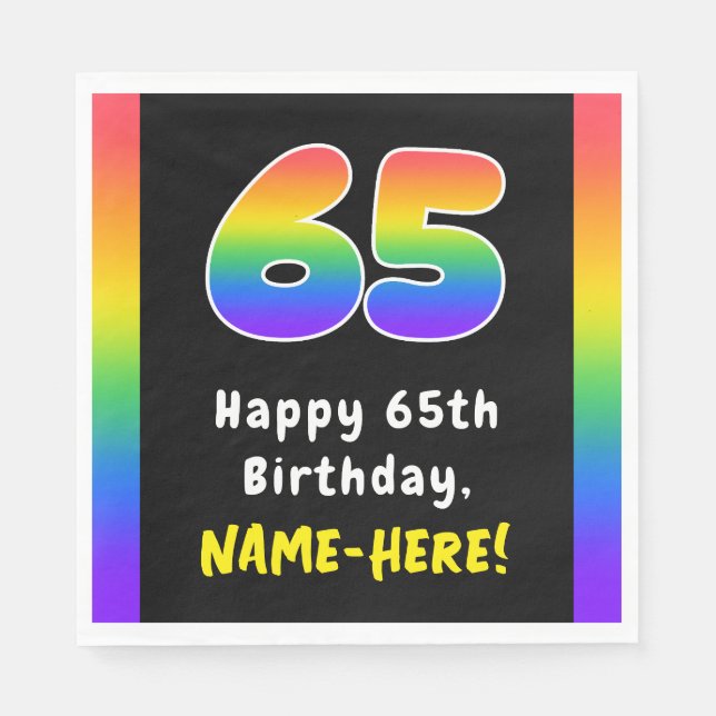 65th Birthday: Rainbow Spectrum # 65, Custom Name Napkin (Front)