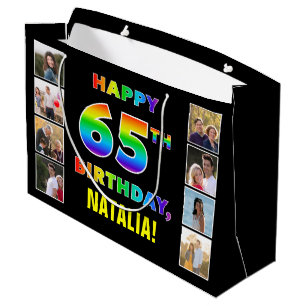 65th Birthday: Rainbow Text, Custom Photos & Name Large Gift Bag