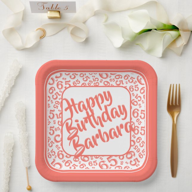 65th Birthday Random Number Pattern Coral/White Paper Plate (Wedding)