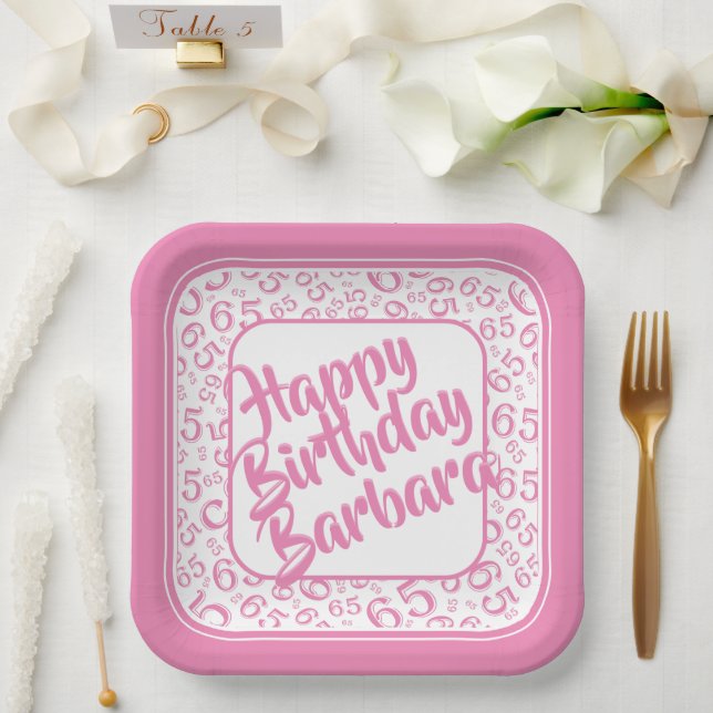 65th Birthday Random Number Pattern Pink/White Paper Plate (Wedding)