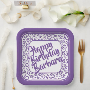 65th Birthday Random Number Pattern Purple/White Paper Plate