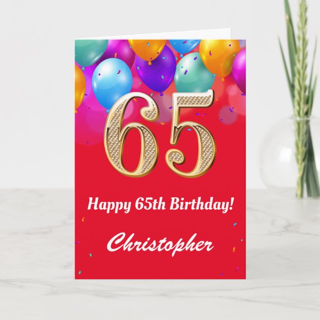 65th Birthday Red and Gold Colourful Balloons Card (Front)