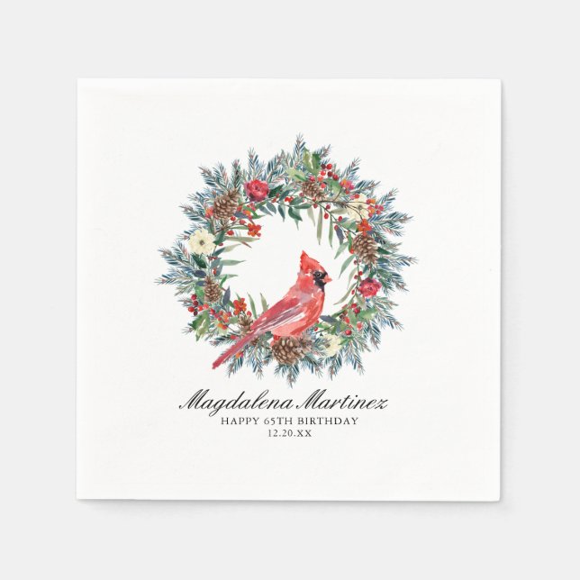 65th Birthday Red Cardinal Wreath Custom Cocktail Napkin (Front)