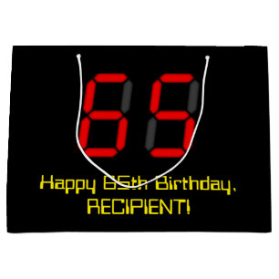 65th Birthday: Red Digital Clock Style "65" + Name Large Gift Bag