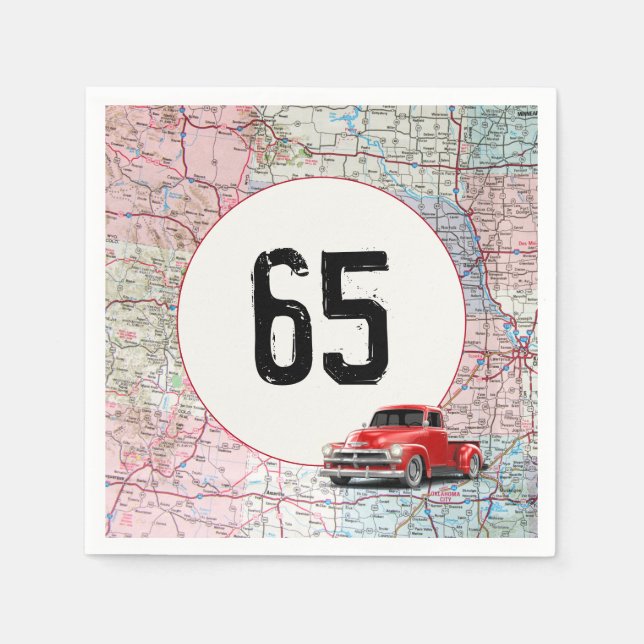 65th Birthday Red Retro Truck on Road Map Napkin (Front)