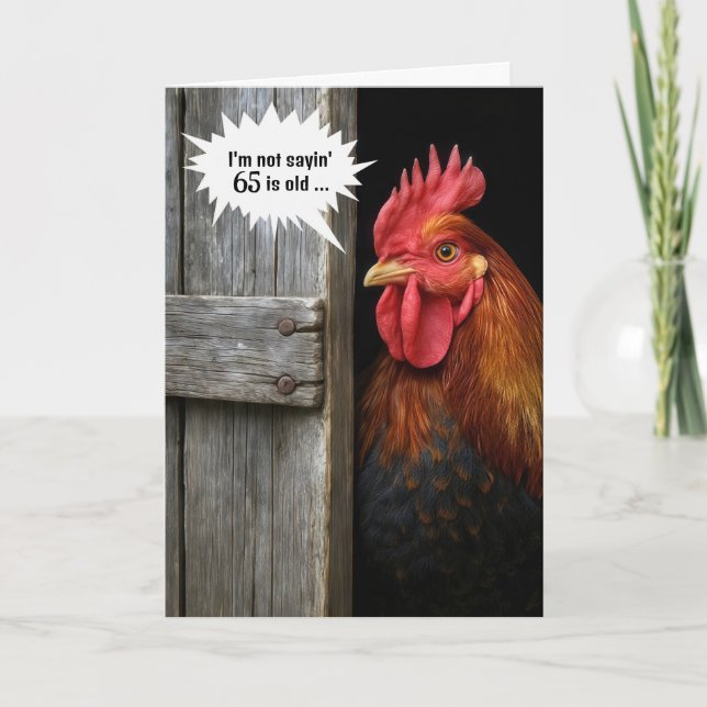 65th Birthday Rooster Peeking Around Barn Door Card (Front)
