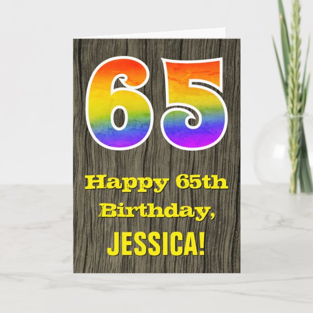 65th Birthday: Rustic Faux Wood Look, Rainbow "65" Card (Front)