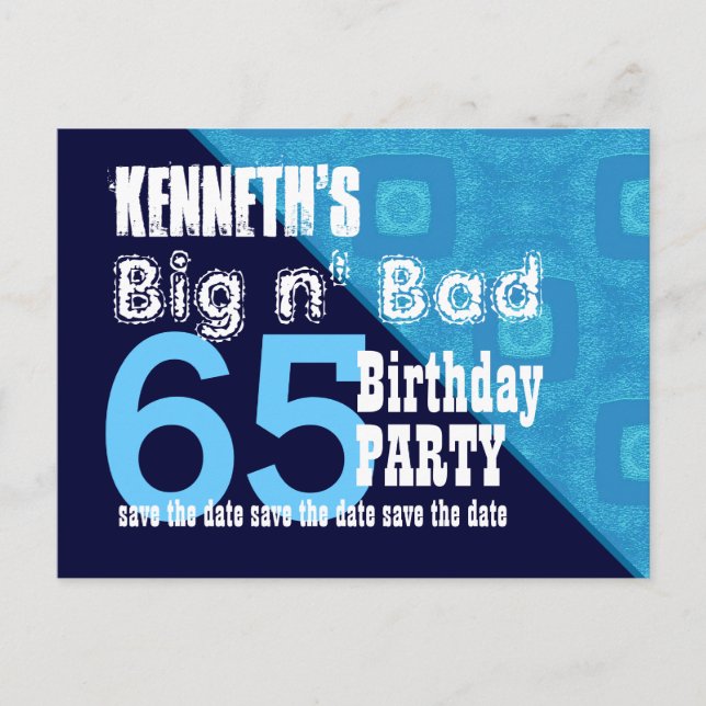 65th Birthday Save the Date Blue Diagonal V02A18 Announcement Postcard (Front)