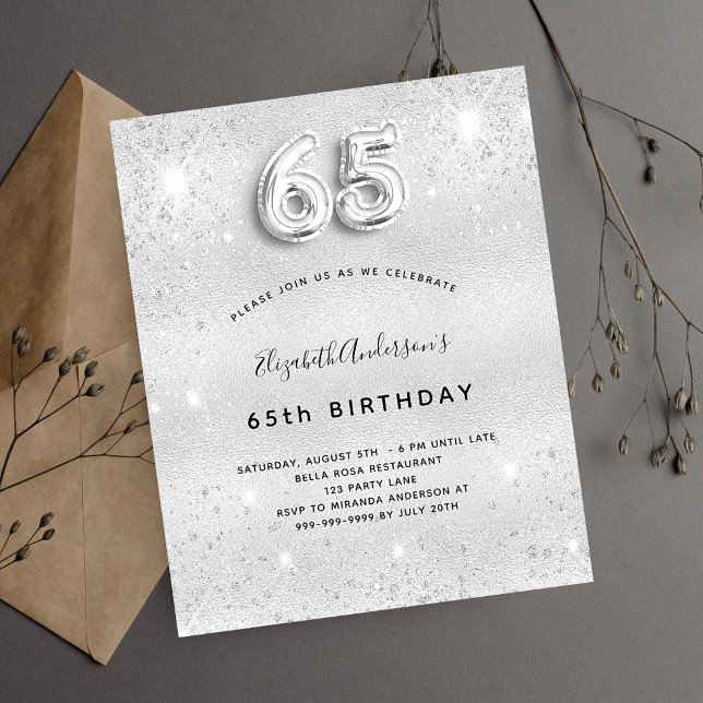 65th birthday silver glitter budget invitation (Creator Uploaded)