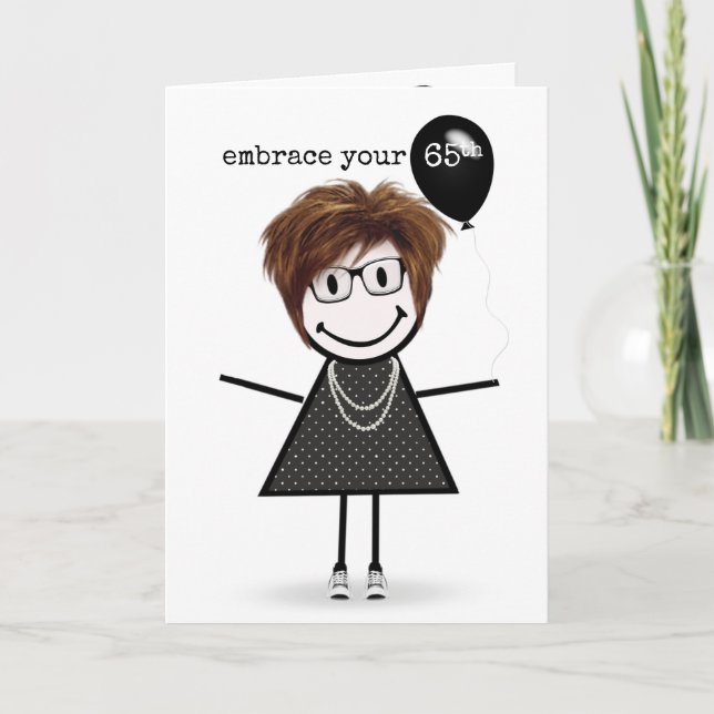 65th Birthday Stick Figure Girl with Balloon  Card (Front)