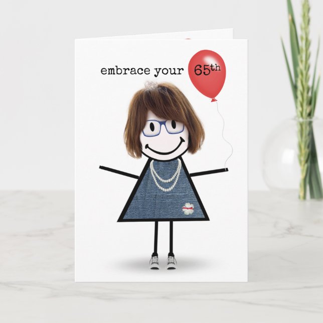 65th Birthday Stick Figure Girl with Red Balloon   Card (Front)