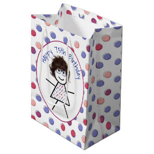 65th Birthday Stick Girl on Polka Dots Medium Gi Gift Bag