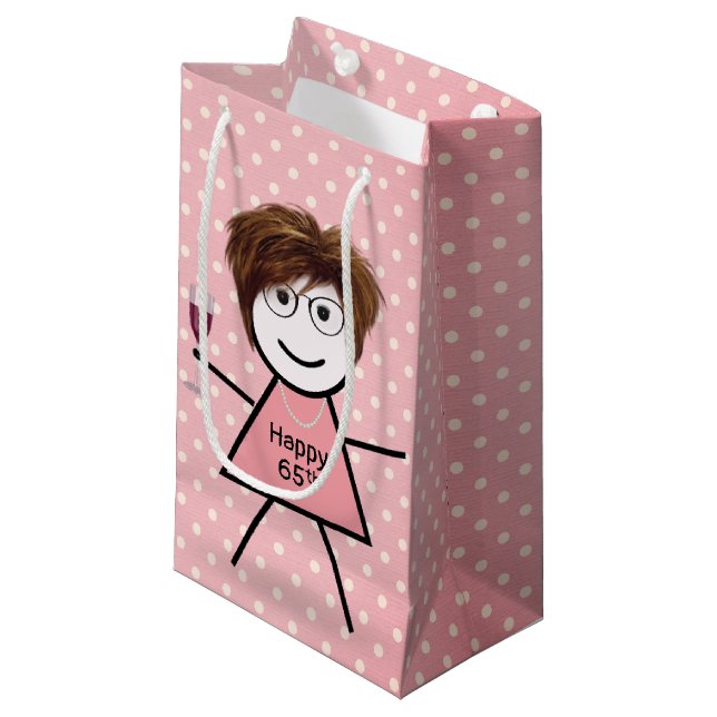 65th Birthday Stick Girl On Polka Dots  Small Gift Bag (Front Angled)